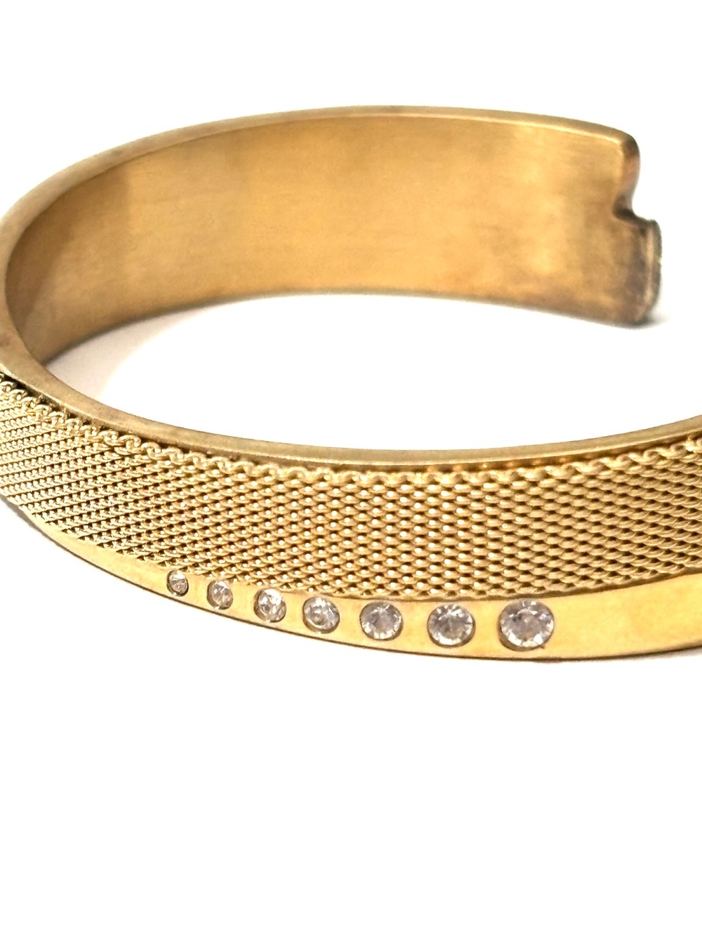 SKAGEN Gold Tone Mesh Crystal Rhinestone Open Cuff Bracelet Minimalist Modern - Picture 2 of 7